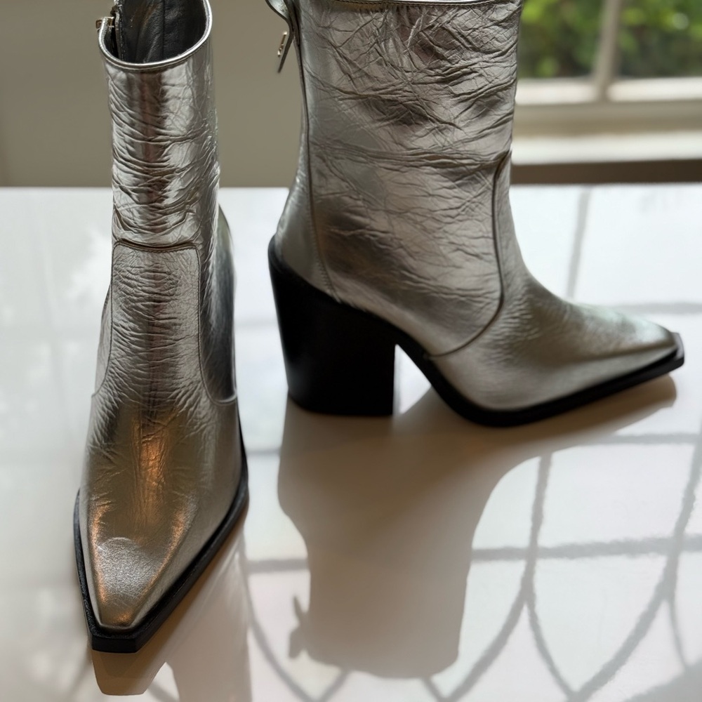 Larroude Silver Heeled Boots with Pointed Toe